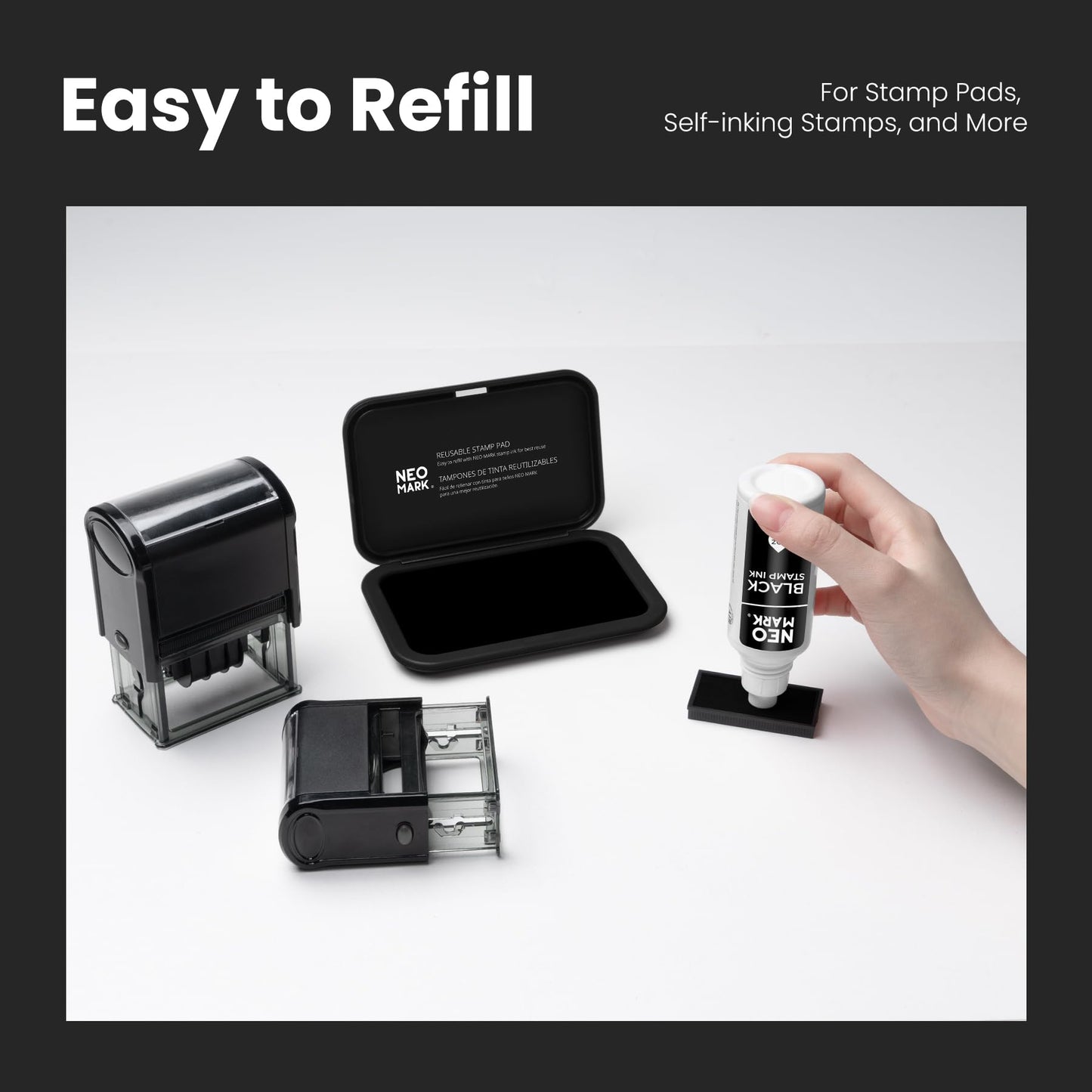 NEO MARK Premium Stamp Ink, Quick-Drying & AP-Certified Non-Toxic Refill Ink for Self-Inking Stamps, Date Stamps and Stamp Pads (Black, 2oz)