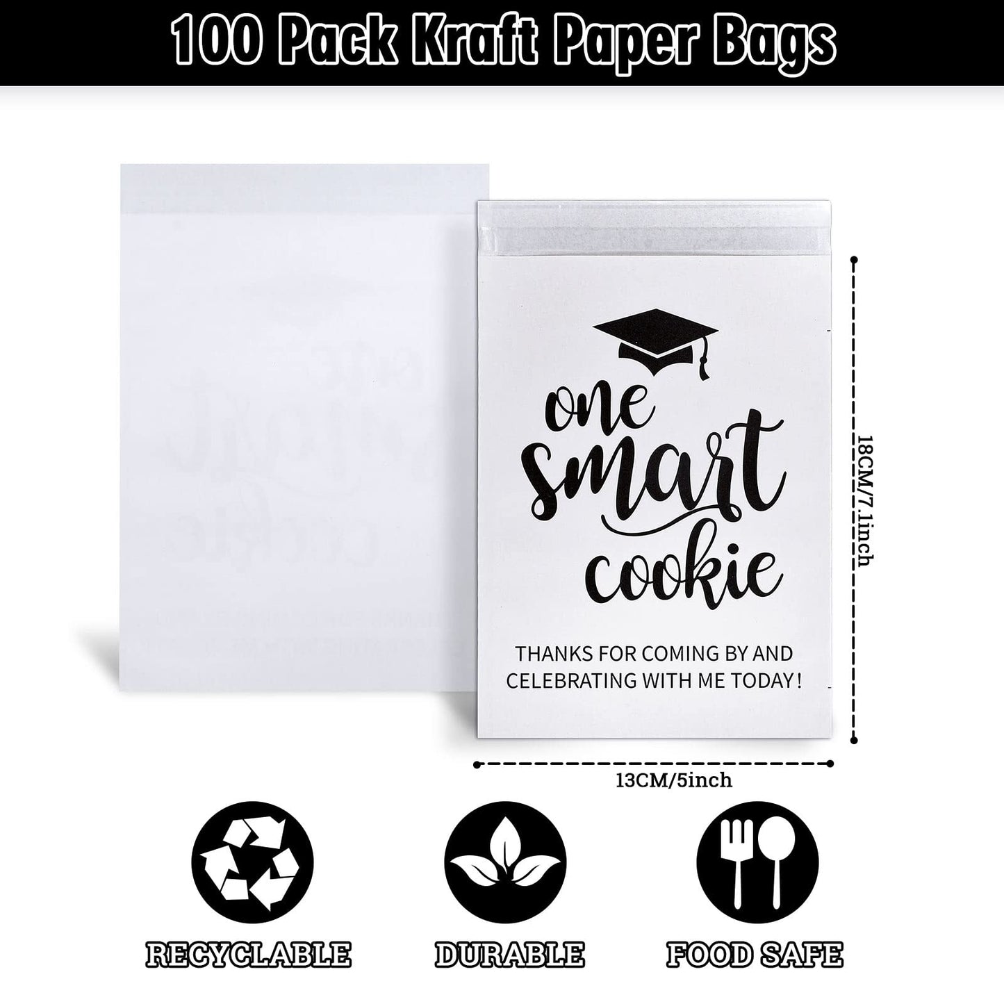 Whaline 100 Pack 2026 Graduation Candy Cookie Gift Bags One Smart Cookie Self-Adhesive Buffet Treat Bag Congrats Grad White Kraft Paper Treat Gift Bags for Graduation Party Decoration Supplies