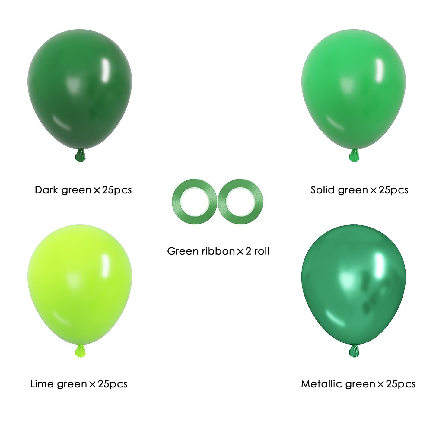 OWill 100pcs Green Balloons 12 Inches Different Shades Dark Green Emerald Green Lime Green Chrome Metallic Green Latex Balloons for Jungle Safari Party Supplies St. Patrick's Day Decoration