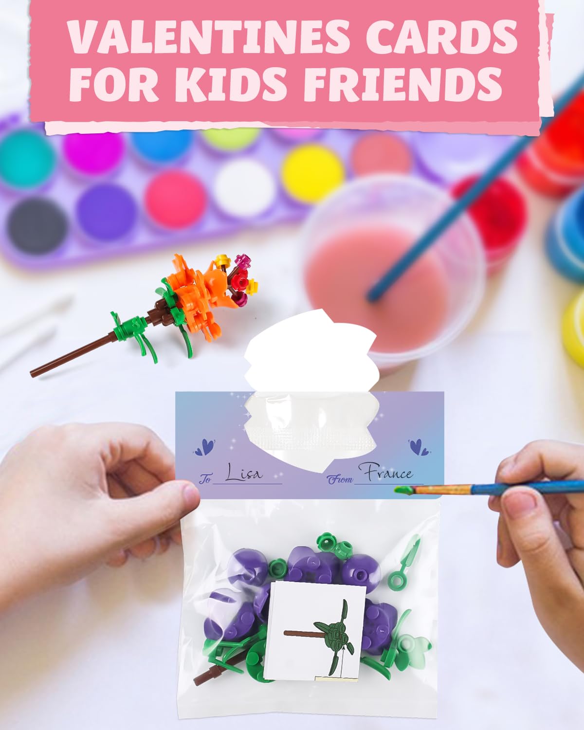 24 Pack Valentine's Flower Bouquets Building Blocks - Ideal for Kids Classroom Exchange, Party Favors, and School Gifts, Includes Greeting Cards & Variety Designs for Boys and Girls
