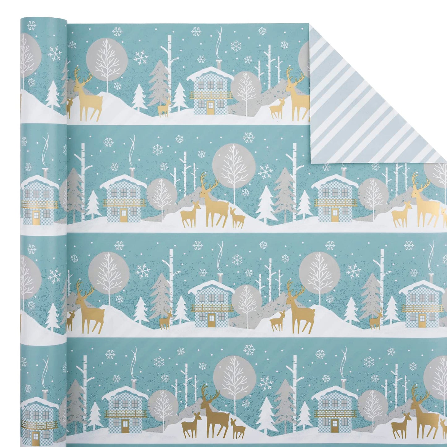 Reversible Christmas Wrapping Paper - Mini Roll - 17 Inch x 33 Feet - Blue and White Reindeer Holiday Landscape and Stripe Design for Christmas, Holiday, Party