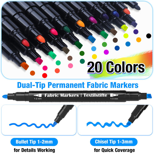 Dual Tip Fabric Markers Permanent for Clothes, 20 Colors Fabric Decorating Paint Pens for Kids, T-Shirt Shoe Markers for Sneakers Clothing Canvas Textile Bibs Coloring Book (Chisel & Fine Tip)