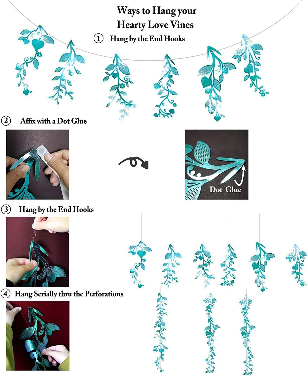 Cheerland Leaf Vine Garlands Teal Blue Hanging Leaves Banner Backdrop Wall Stickers Decorations for Birthday Anniversary Wedding Tea Party Supplies - Pack of 24
