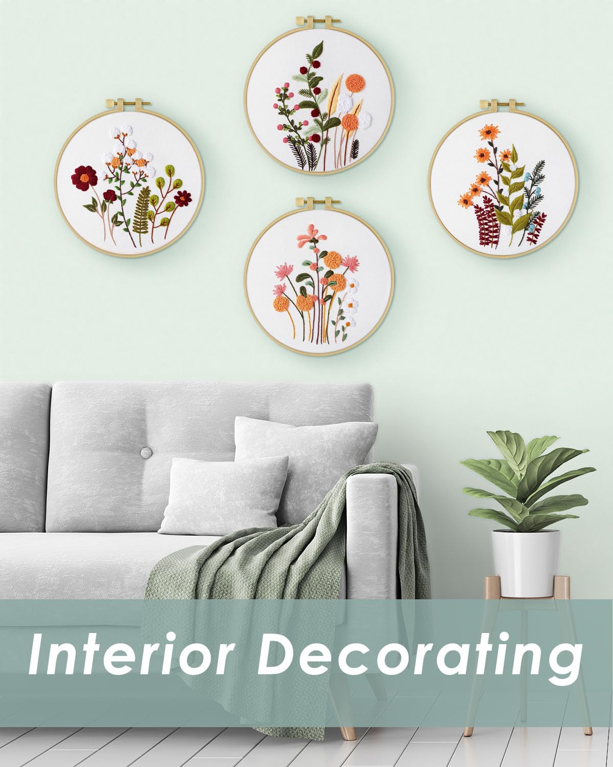 4 Sets Embroidery Kit for Beginners,Hummingbird and Flower Cross Stitch Set for Include Embroidery Cloth Hoops Threads for Craft Lover Hand Stitch (Flowers and Plants)