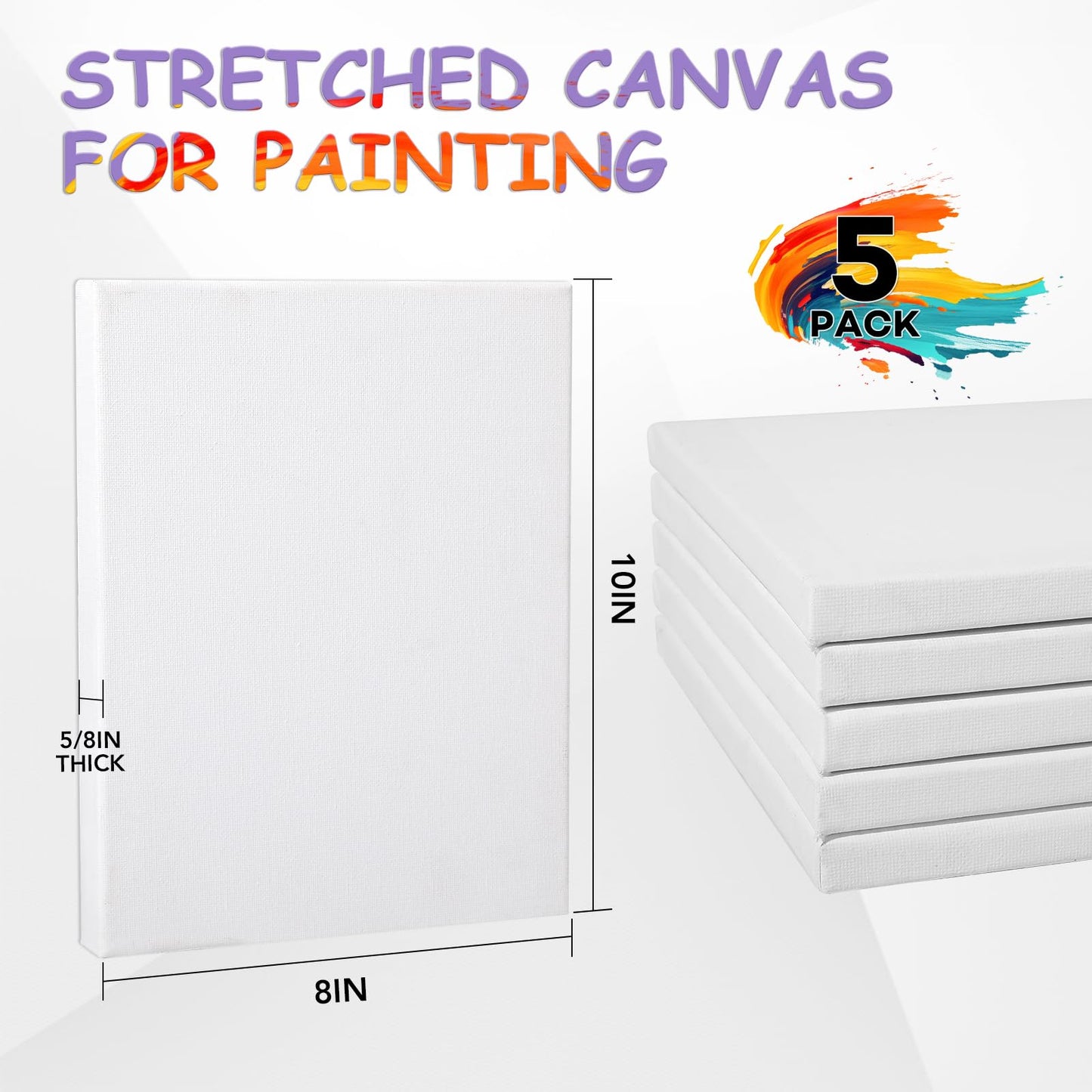 Stretched Canvas for Painting, 5 Pack 8x10 Canvas Value Pack, Primed Acid-Free Cotton Blank Canvas, Paint Canvases for Oil & Acrylic Paint.
