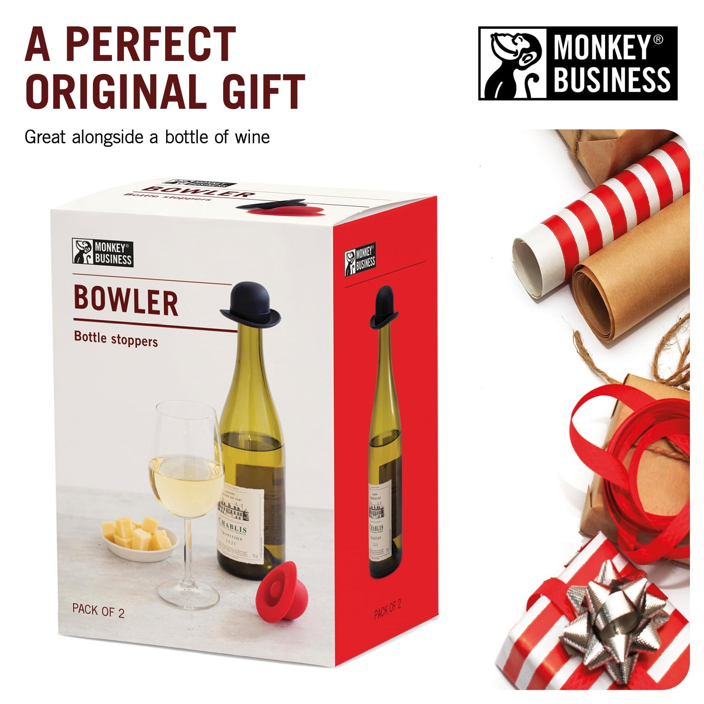 Monkey Business Silicone Wine Stopper | Seals Bottle and Keeps Wine Fresh/Cute Wine Accessories/Kitchen Gadgets/Bowler Hat Bottle Stopper (Set of 2)