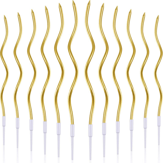 BBTO 12 Pcs Twisty Birthday Candles Spiral Metallic Cake Cupcake Candles Long Thin Coil Cake Candles with Holders for Birthday Wedding Party(Gold)