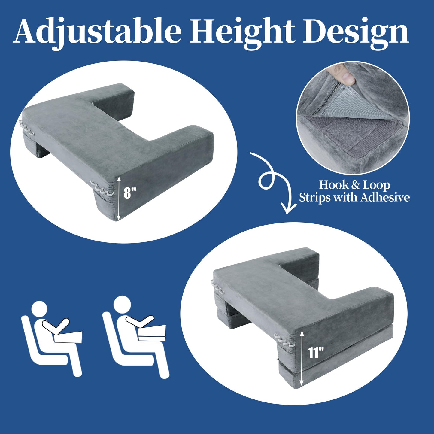 Adjustable Foam Crochet Pillow for Lap Support, Soft Velvet Reading & Gaming Pillow with Side Pocket and Elastic Band, Desk Pillow for Sofa, Bed & Floor, 2 Heights for Adjusting, (Grey)