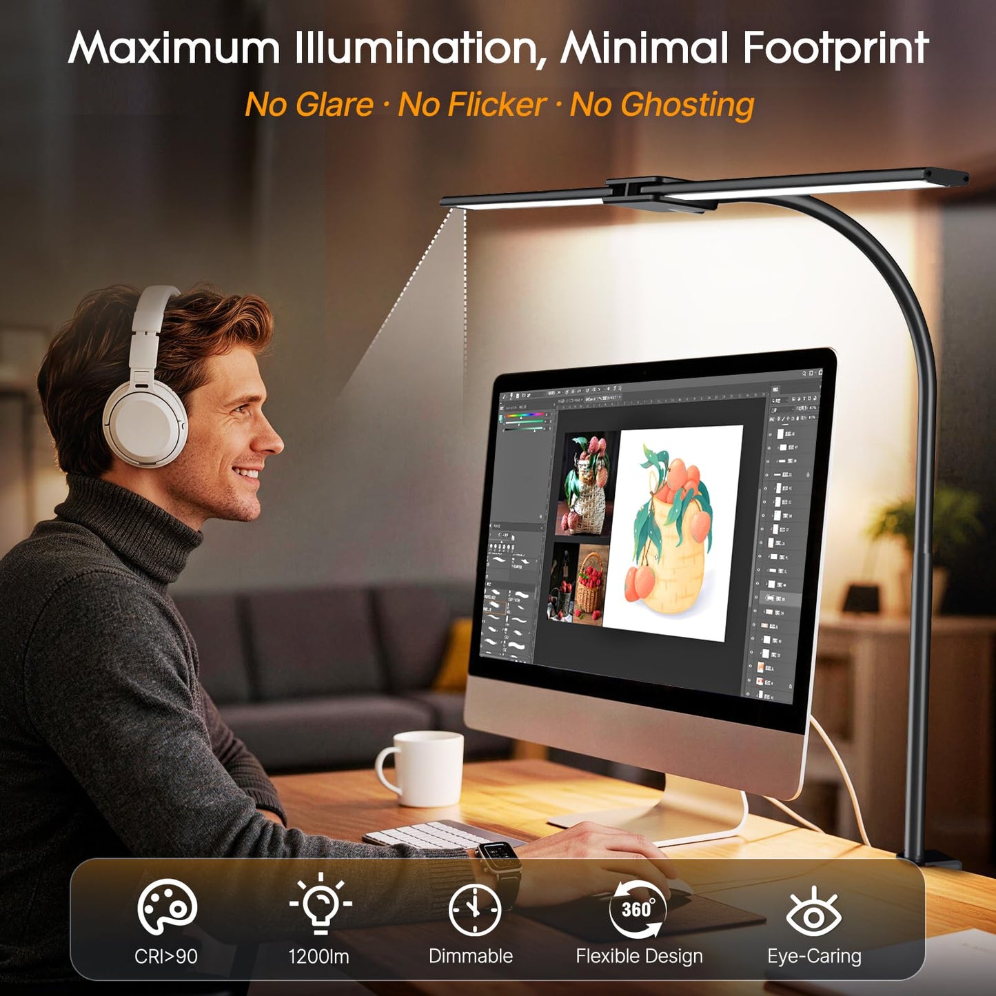 Syrinx LED Desk Lamp for Office Home – Eye Caring Dual Head Desk Light with Flexible Goose-Neck, Clamp, Motion Sensor/Wired Control, 50 Lighting Modes with Memory/Timer, Table Lamp for Study, Drafting