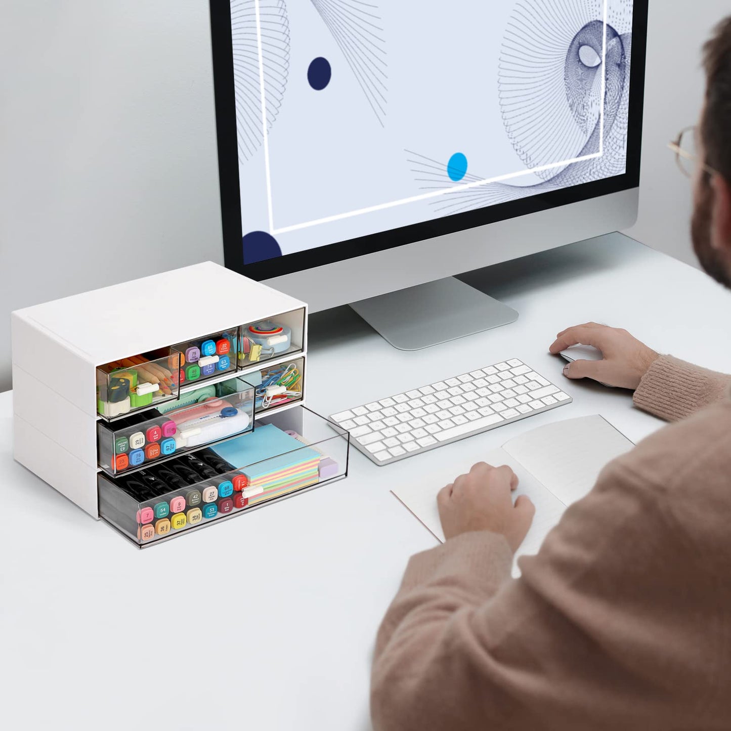 Stackable Desk Organizer, Plastic Storage Drawer for Office School Home Makeup, Pen Pencils Markers Stationery Supplies Organizers (White -3 Draws)