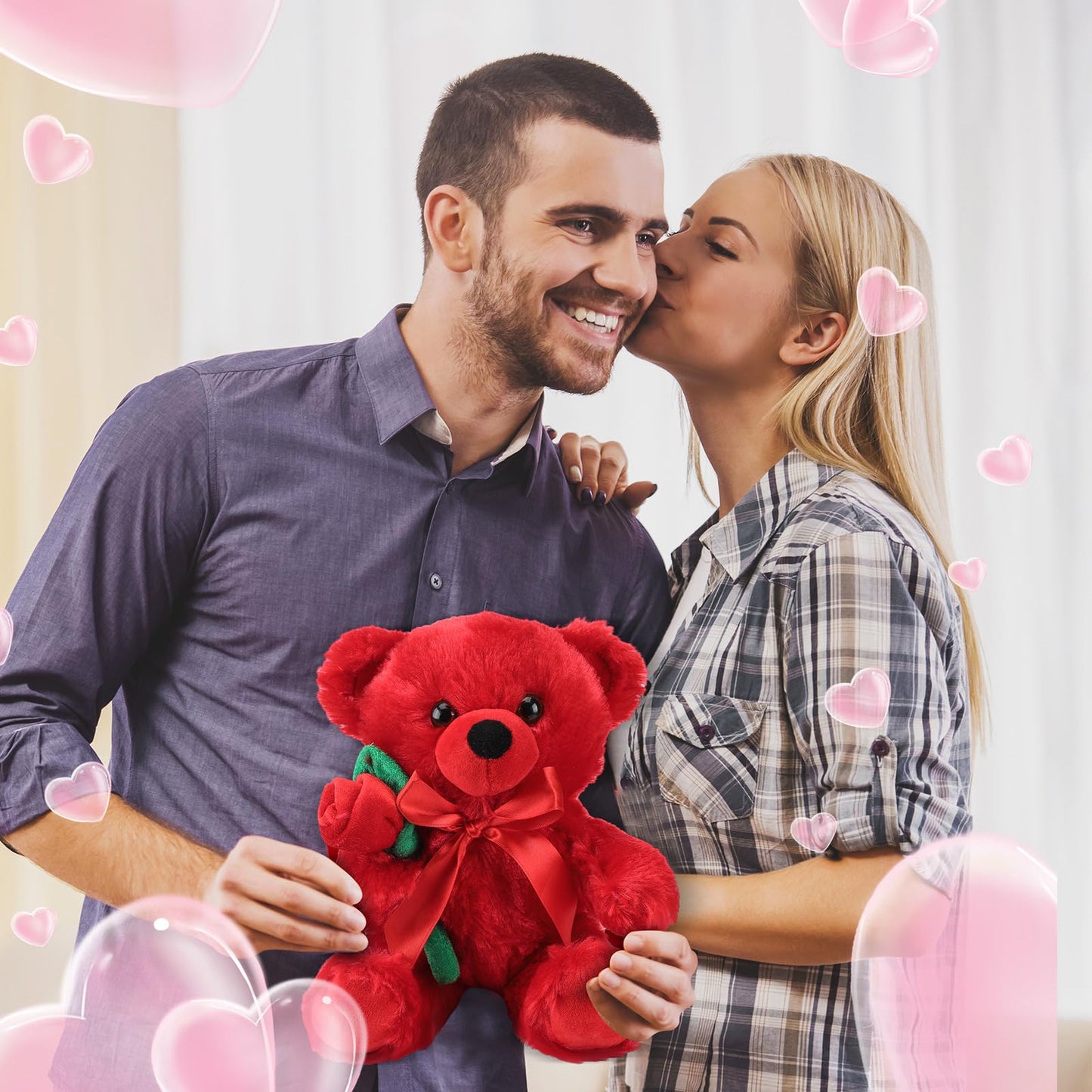 Valentine Bear Stuffed Animal Gift with Rose Funny Cute Bear Plush Stuffed Animal for Kids Toddler Mother Girlfriend Valentine Birthday Wedding, 11.8 Inches(Red)
