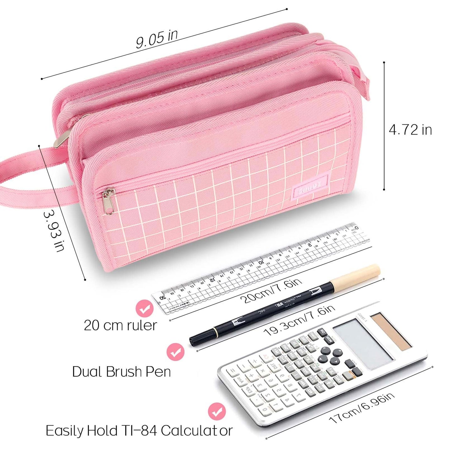 Sooez Large Pencil Case, Big Capacity Pencil Pouch Pen Bag with 3 Compartment, Portable Canvas Stationery Organizer with Zipper, Cute Aesthetic School Supplies for Teen Girls, Purple with Plaid
