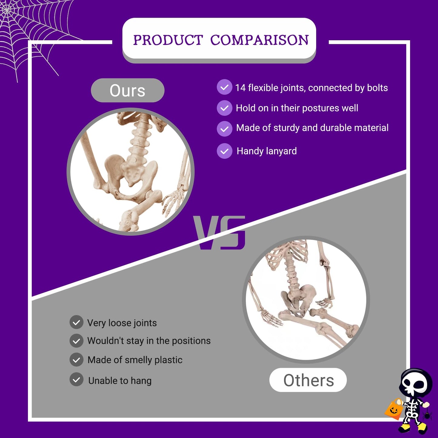 16" Small Skeleton Halloween Decor: Posable Hanging Halloween Skeleton Decorations Mini - Poseable Joints Skeleton Plastic Full Body for Indoor Outdoor, 2 Packs