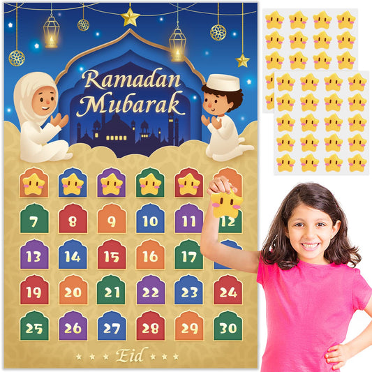 AhfuLife Ramadan Eid Mubarak Countdown Calendar Decoration for Kids, 2025 Eid Mubarak Gift Decorations, 30 Days and 30 Reusable Stars Eid Countdown Poster Wallchart for Home Kids Gift