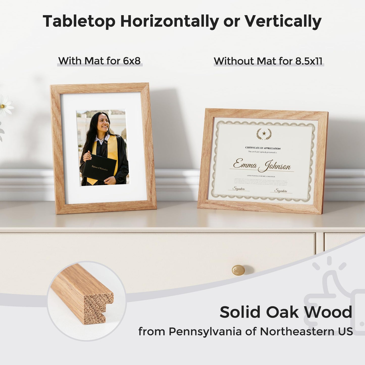 Diploma Frame For 8.5x11 Certificate Document | Solid Oak Wood 8.5 By 11 Picture With Mat For 6x8 | 8 1/2 x 11 Certificate Frame | Plexiglass And Hanging Hardware Included | Natural