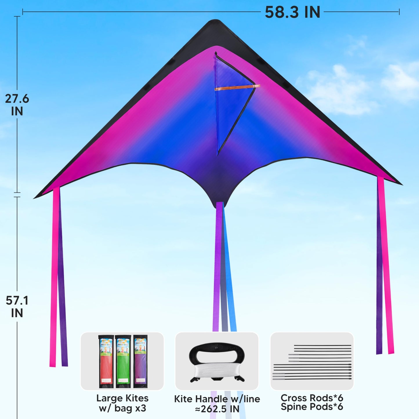 JOYIN Large Delta Kite Red, Green and Purple, Easy to Fly Huge for Kids and Adults with 262.5ft String, Large Delta Beach Kite for Outdoor Games and Activities