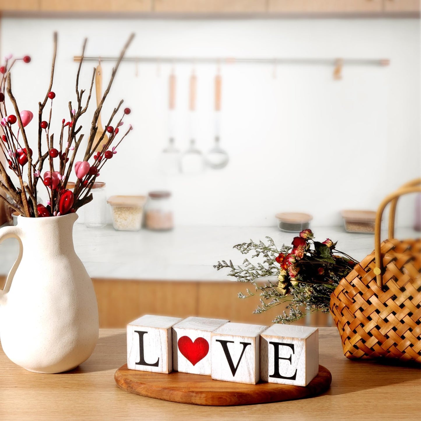 Valentines/St. Patrick’s Day Decorations, 4Pcs Rustic LOVE Wooden Centerpieces Decor Signs, Farmhouse Valentines Galentines Day Decor for the Home Office Table Mantel Shelf Gifts
