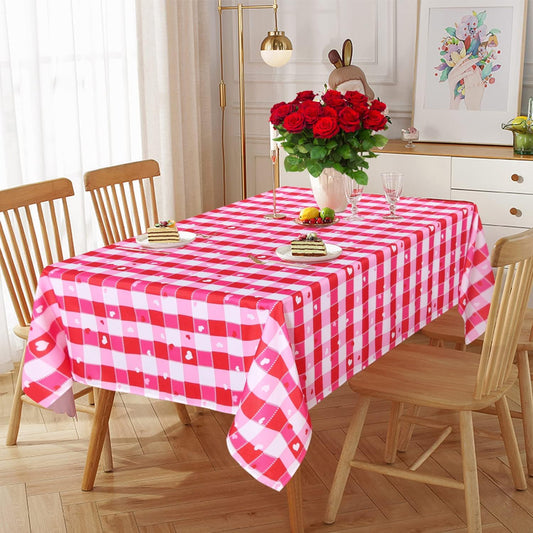 V-Day Checkered Fabric Rectangle Table Cloth- 60 x 84 Inch -Polyester Heart Pattern Tablecloth, Table Cover Protector for Party, Wedding, Valentine Decoration Use, Red & White