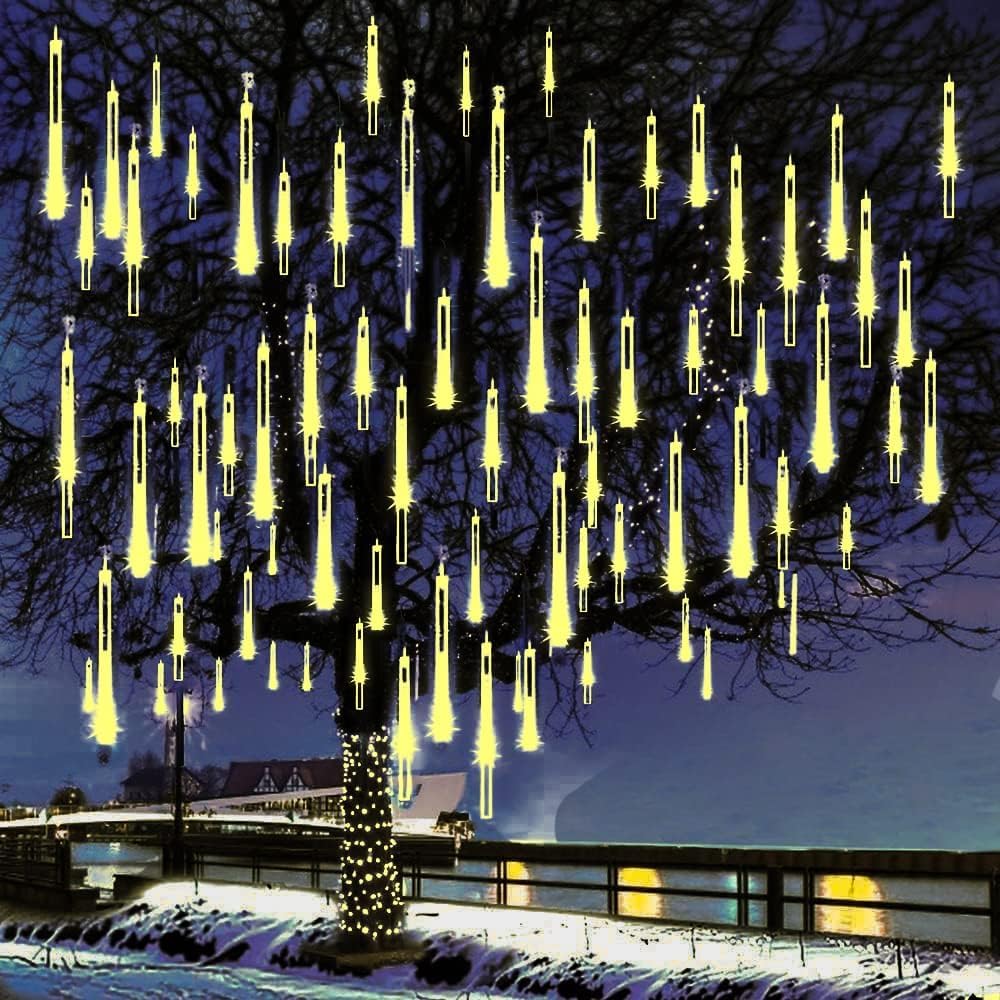 Weepong Christmas Lights Outdoor Falling Rain Meteor Shower Lights 12 inch 8 Tube 192 LED Snowfall Icicle Cascading String Light for Xmas Tree Christmas Decorations Holiday Garden, UL Plug,Warm White