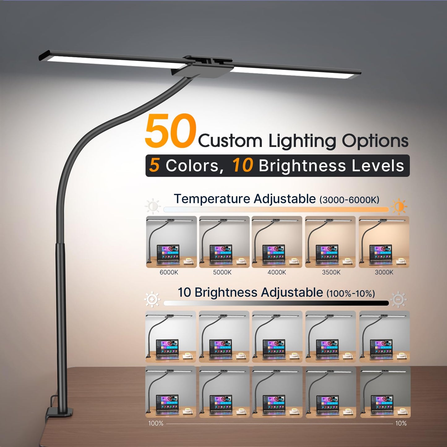 Syrinx LED Desk Lamp for Office Home – Eye Caring Dual Head Desk Light with Flexible Goose-Neck, Clamp, Motion Sensor/Wired Control, 50 Lighting Modes with Memory/Timer, Table Lamp for Study, Drafting