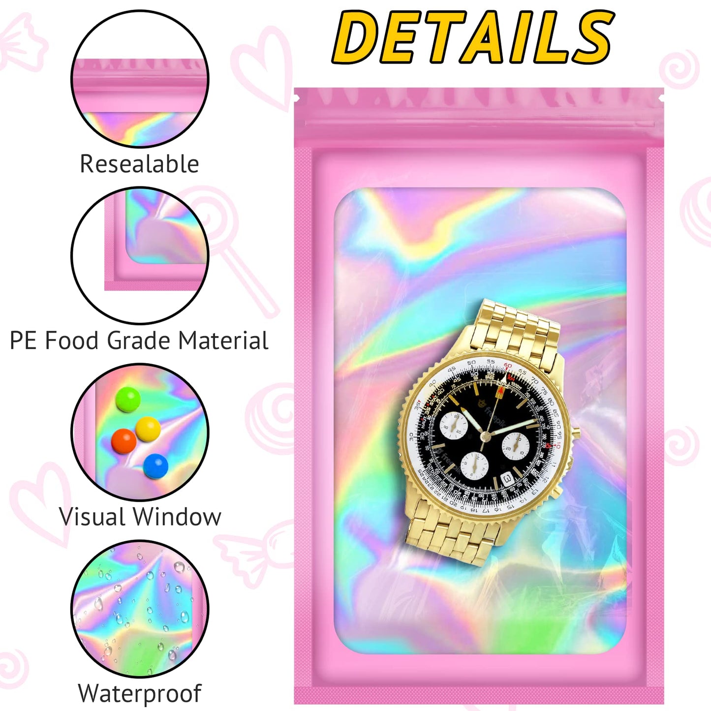 TIFICAL 100 PCS Smell Proof Bag, Packaging Bags, Holographic Mylar Bags, Foil Resealable Bags for Small Business Candy Jewelry Bracelet Party Favor Food Storage Sample Supplies (2.4×3.9 Inch, Pink)