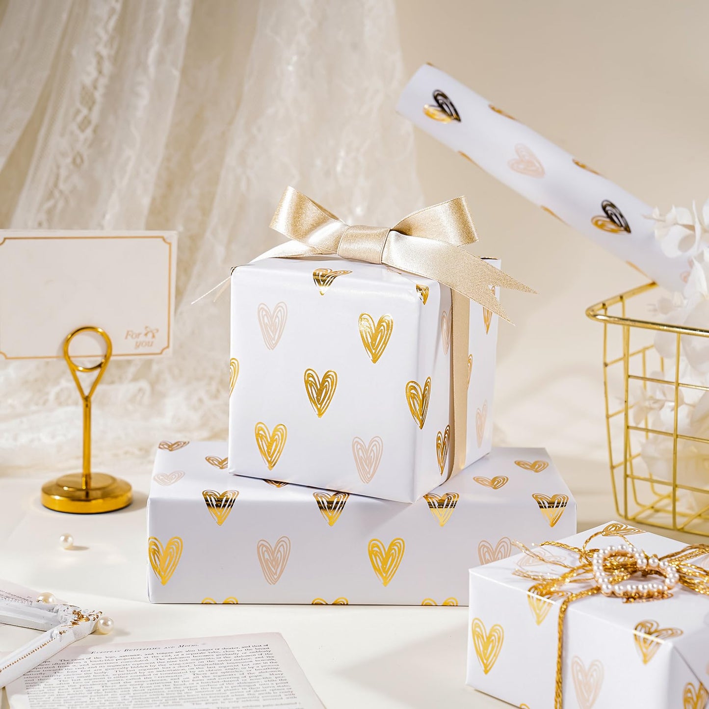 Heart Wrapping Paper Roll - Mini Roll - 17 Inch x 16.5 Feet - Gold Foil Heart Design for Valentines Day, Wedding, Bridal Shower, Birthday, Baby Shower
