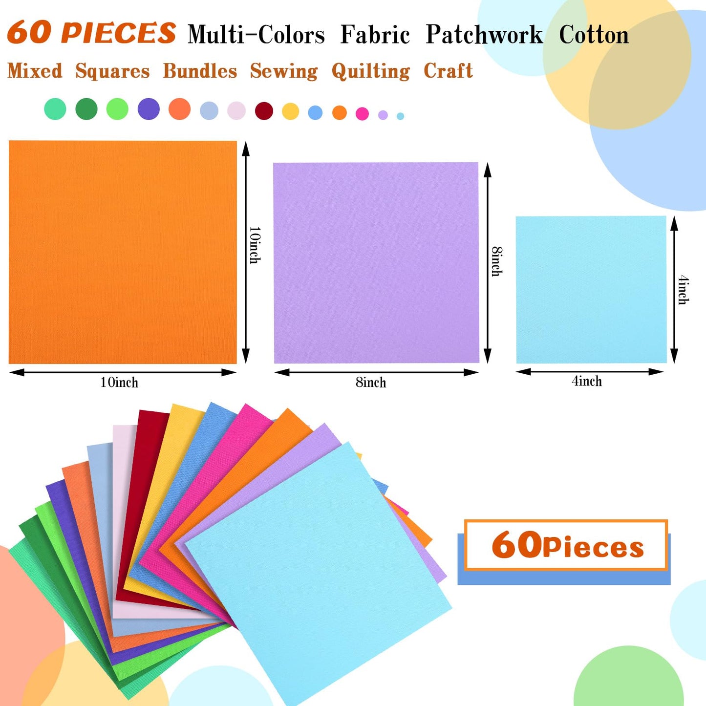 60 Pcs Cotton Fabric Bundle Fat Quarters for Sewing and Quilting Colorful Fabric Bundles Precut Square for DIY Craft Patchwork(10 x 10 Inch)