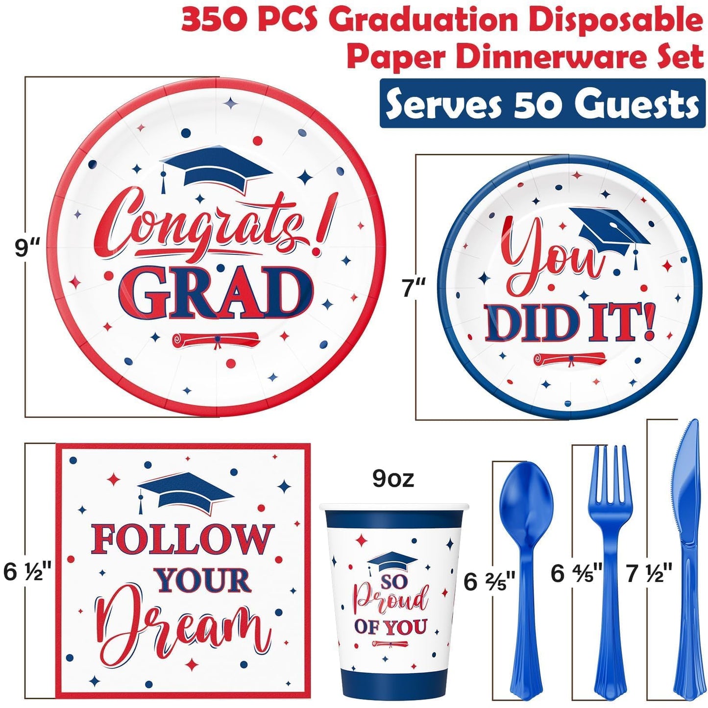 Ecomore Graduation Decorations Class of 2026, 350 PCS Graduation Party Supplies College High School Grad Decor Disposable Dinnerware (Serve 50) Paper Plates Cup Napkin Fork Knife Spoon (Red & Blue)