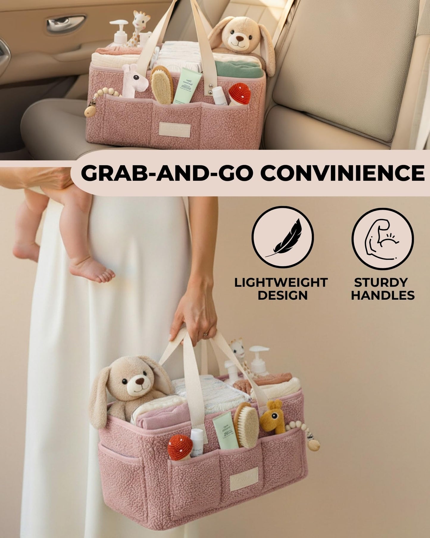 Toodly Baby Diaper Caddy Organizer with Portable Changing Mat - Teddy Fleece Diaper Organizer for Changing Table - Basket for Changing Essentials - Baby Essentials Organizer with Removable Dividers