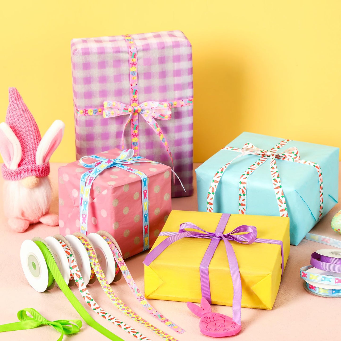 Easter Ribbon, 6 Rolls 60 Yards Grosgrain Ribbons 10 mm Wide Eggs Bunny Carrot Craft Ribbon for Gift Wrapping Easter Basket Wreaths Decoration