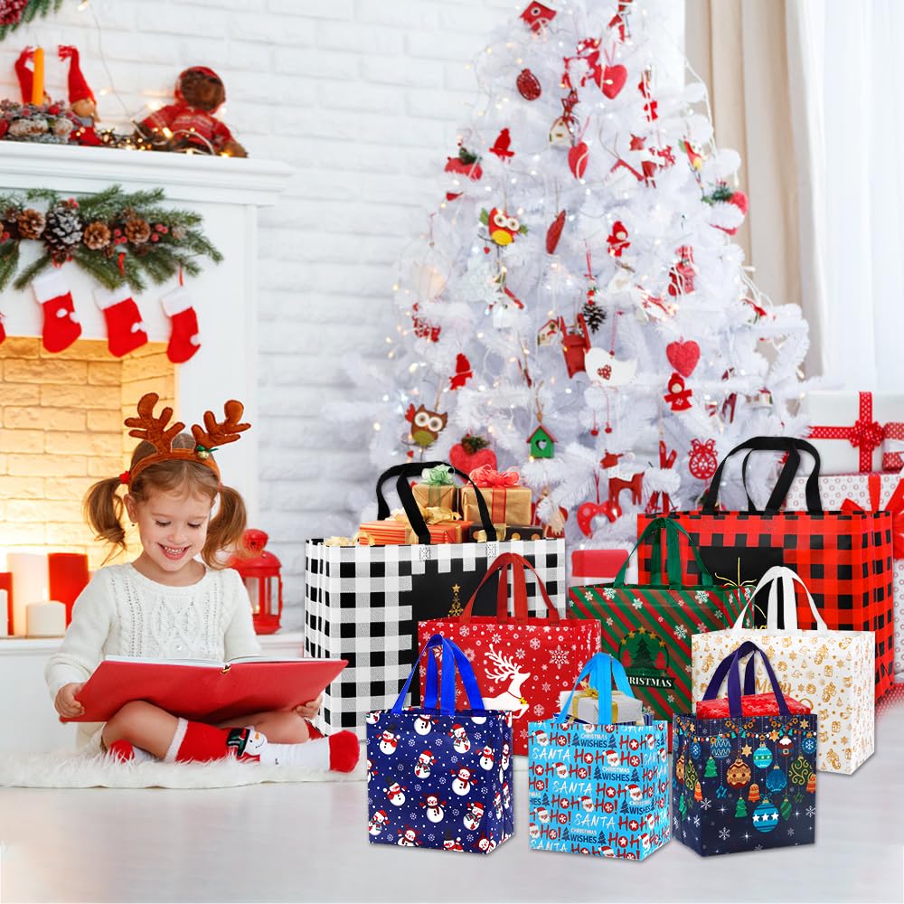 20pcs Christmas Gift Tote Bags, Xmas Treat Non-Woven Bag Reusable Large Medium Small Xmas Shopping Wrapping Bags for Christmas Holiday Party Favors Supplies