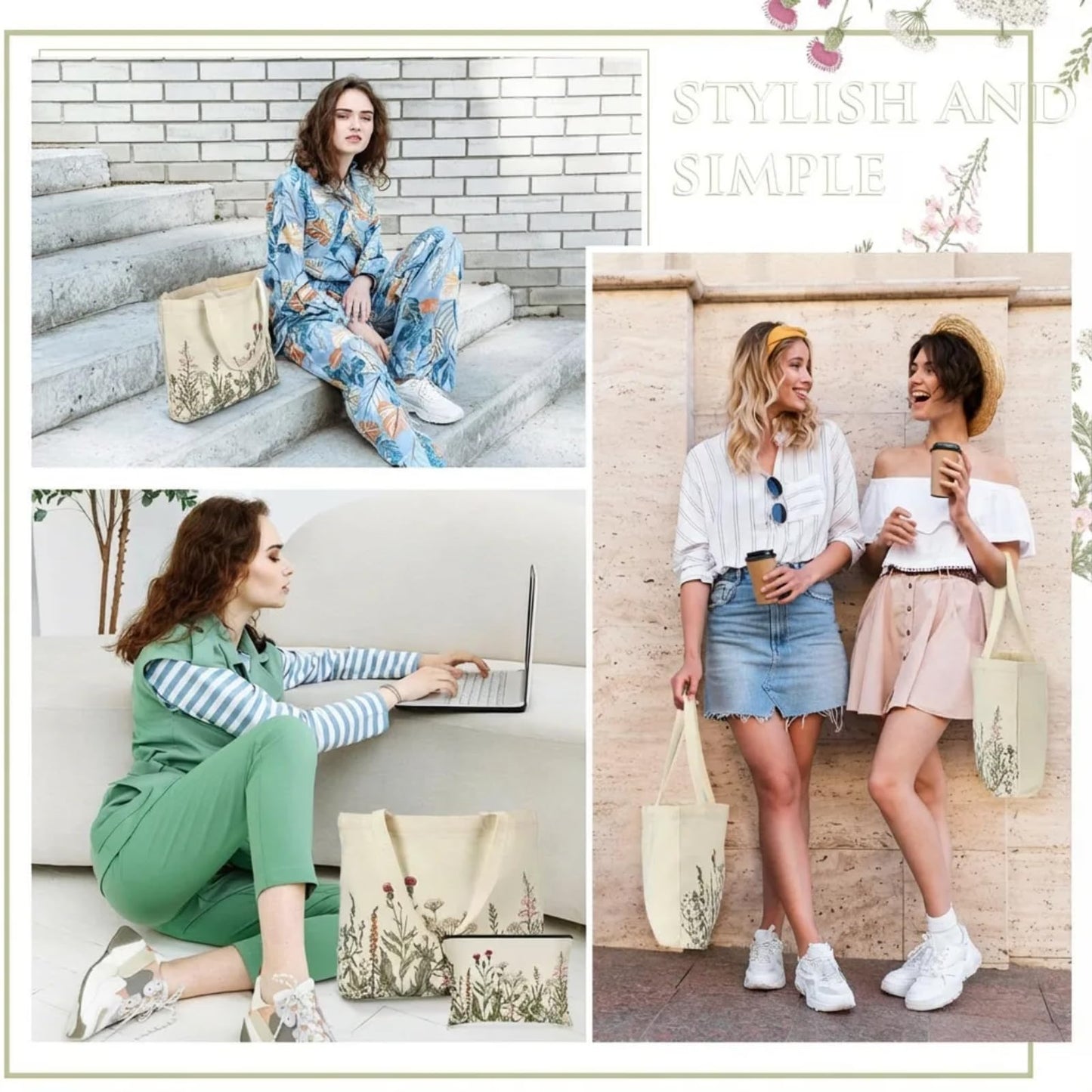 Sadnyy 2 Pcs Wildflower Aesthetic Canvas Tote Bags for Women with Makeup Zipper Pouch Mother's Day Cute Floral Reusable Shoulder Tote Bag for Graduation Teacher Beach Shopping Travel Work Gym Grocery