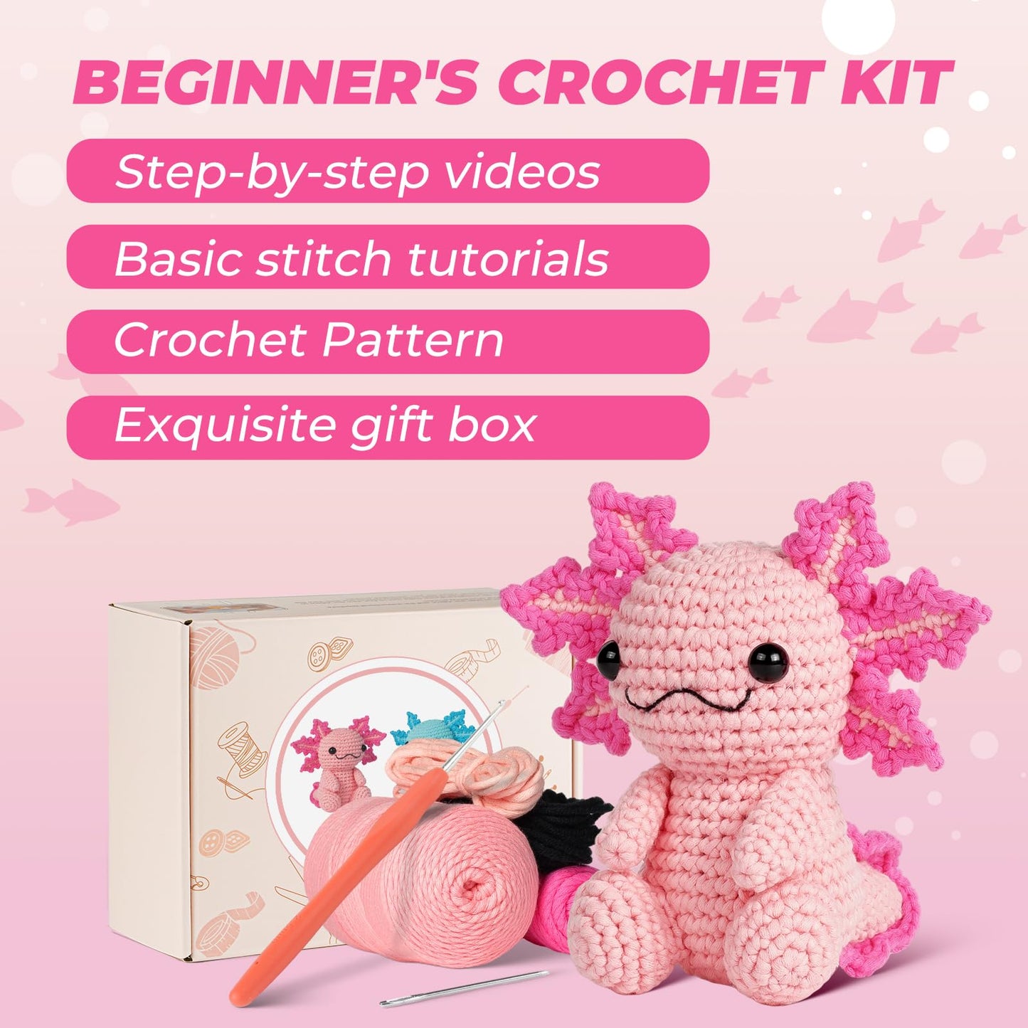Crochet Kit for Beginners, Crochet Animal Kits, Amigurumi Crocheting Kit for Starters with Step-by-Step Video Tutorials, Beginner Crochet Kit for Adults (Axolotl 1Pack)