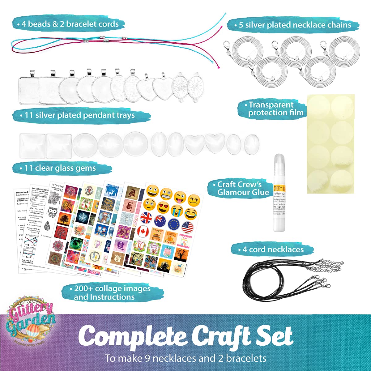 Glittery Garden Girls Jewelry Making Kit. Best Necklace Pendant & Bracelet Crafting Set with Glass Beads & Charms. Fashion Accessories, Arts Crafts Supplies. Birthday Gift