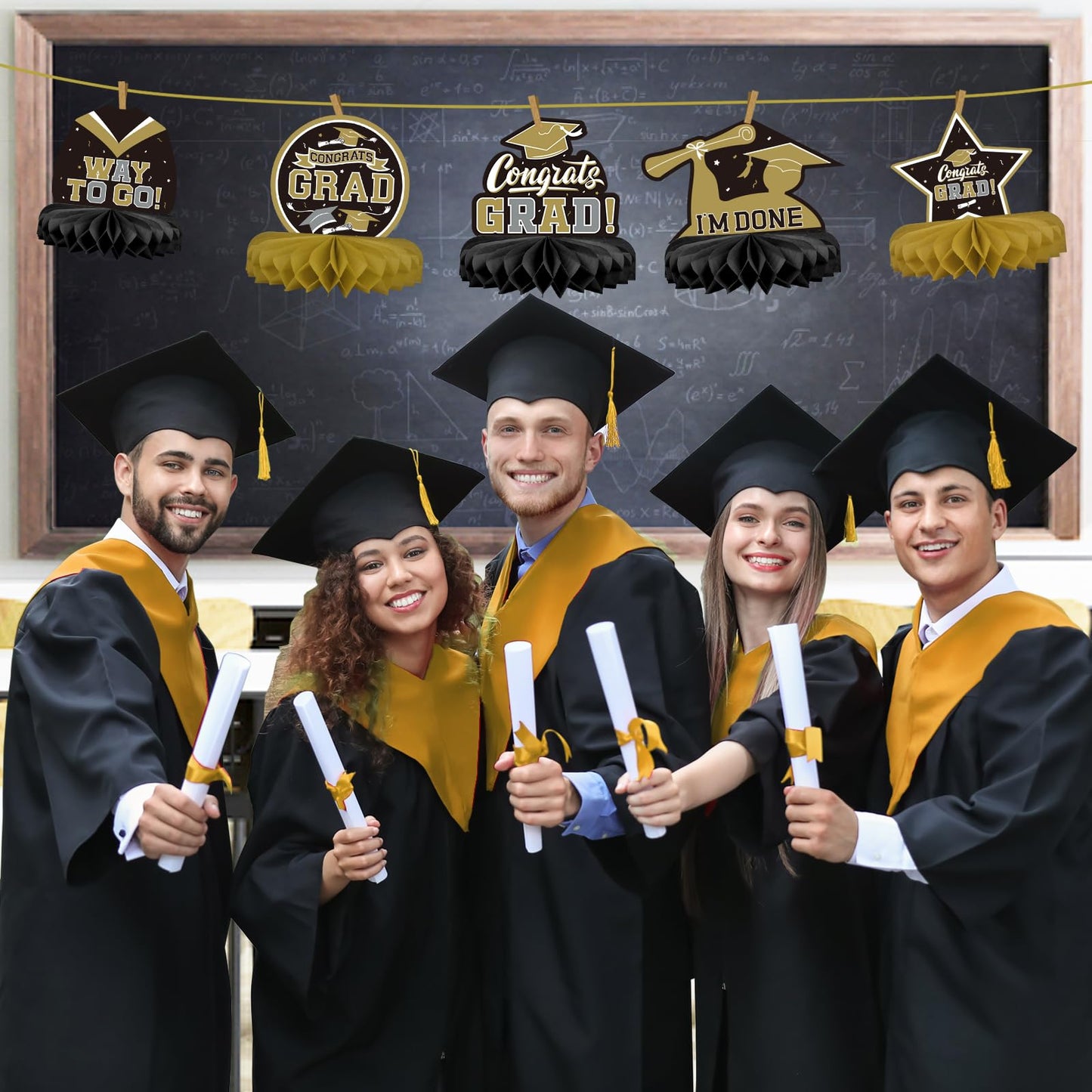9PCS Graduation Party Decorations Class of 2026 Congrats Grad Table Centerpiece Congratulate Graduation Honeycomb Table Toppers for Graduation Party Supplies(Black）