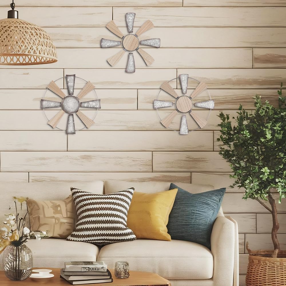 YEAHOME Farmhouse Wall Decor, 3 PCS 11" Wood Metal Windmill Wall Art for Rustic Farmhouse Decor, Western Country Home Decor for Kitchen, Living Room, Bathroom, House