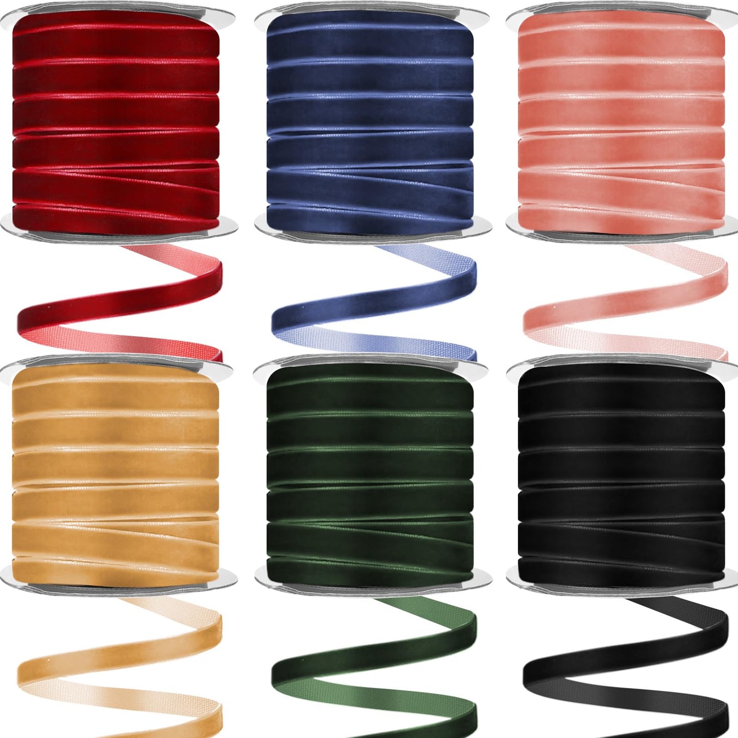 6 Rolls Velvet Ribbon 3/8 Inch Wide Total 150 Yards Single Face Thin Velvet Ribbon for Wrapping Gift, Valentine's Day Tree Garland Decoration Wreath Craft Bow Making