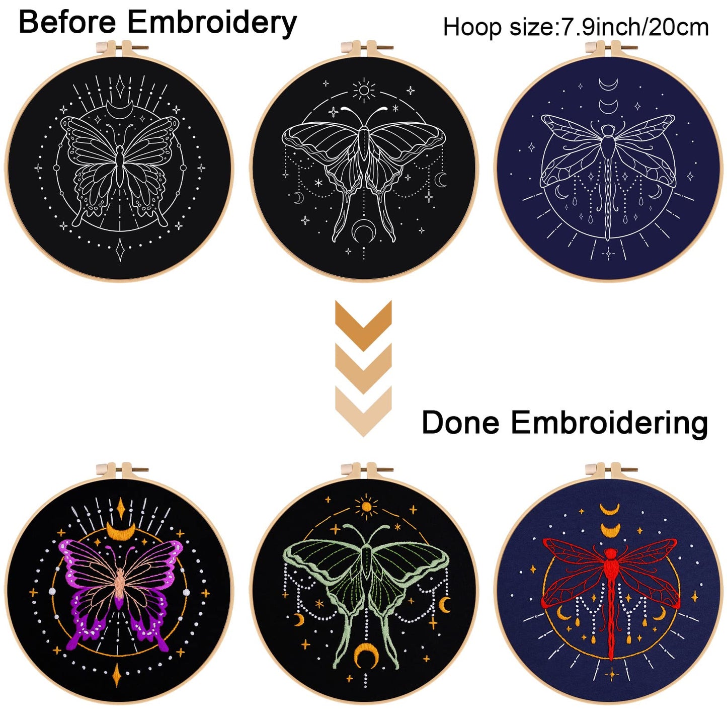 Louise Maelys 3 Set Tarot Embroidery Kits for Beginners with Moon Butterfly Dragonfly and Moth Pattern,Adults Starter Cross Stitch Kit DIY Needlepoint