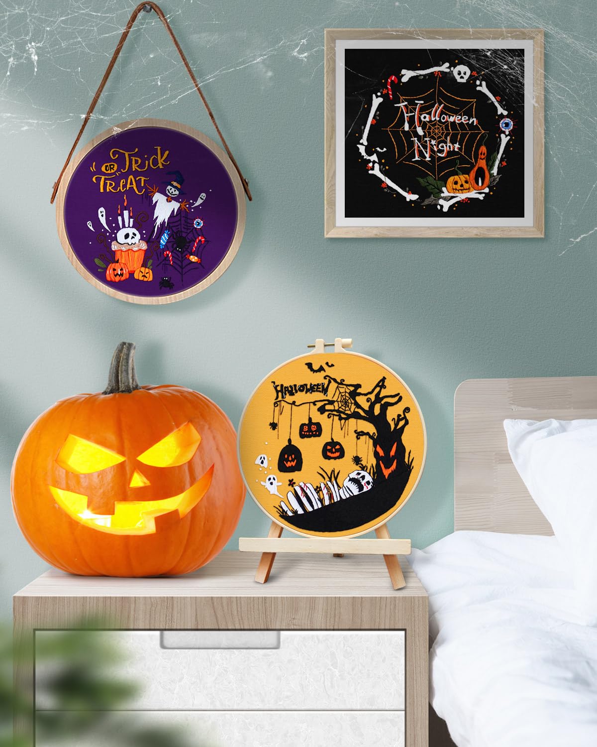 Halloween Embroidery Kit for Adult, 5 Pack Embroidery DIY Starter Kit, with Stamped Patterns, Hoop, Tools, Colorful Threads with Needles, Instructions