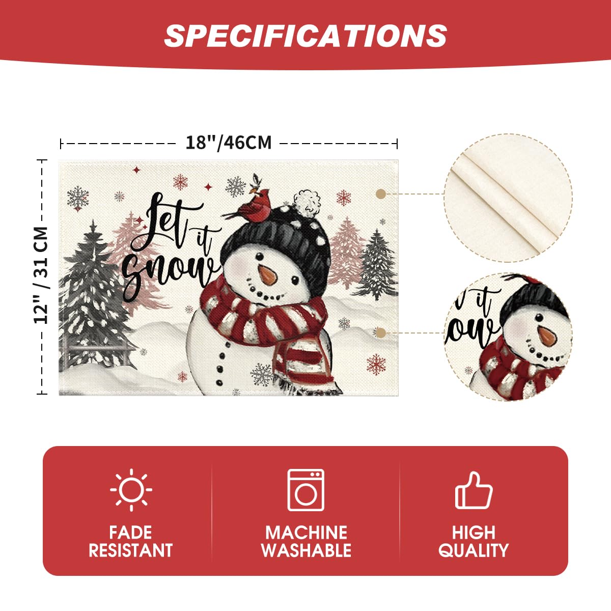 Let It Snow Snowman Christmas Placemats Set of 4, 12x18 Inch Winter Table Mats for Party Kitchen Dining Decoration