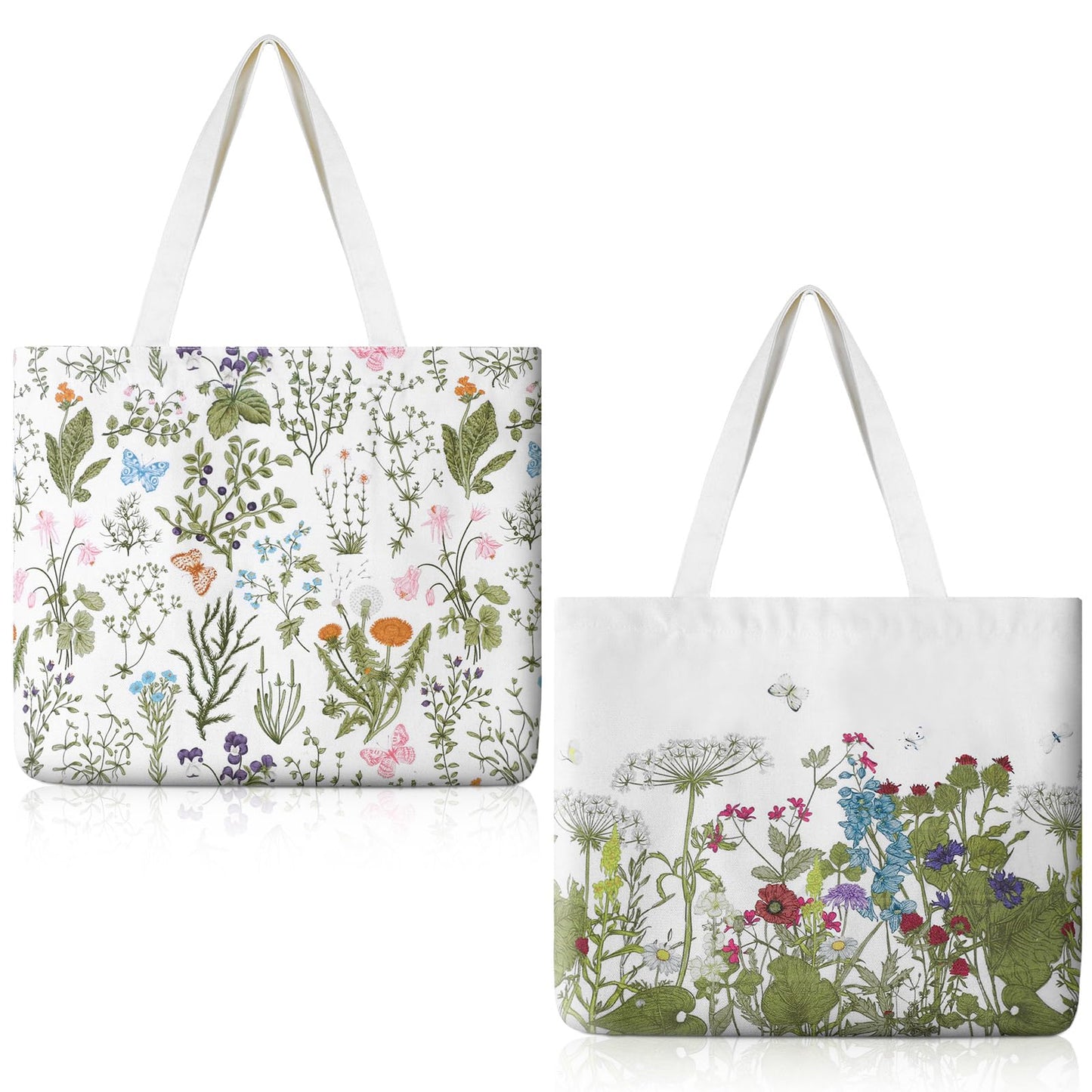 2 Pcs 2 Pcs Spring Canvas Tote Bags Floral Tote Bag Cute Aesthetic Wildflower Herbs Reusable Grocery Bags for Women (Classic)