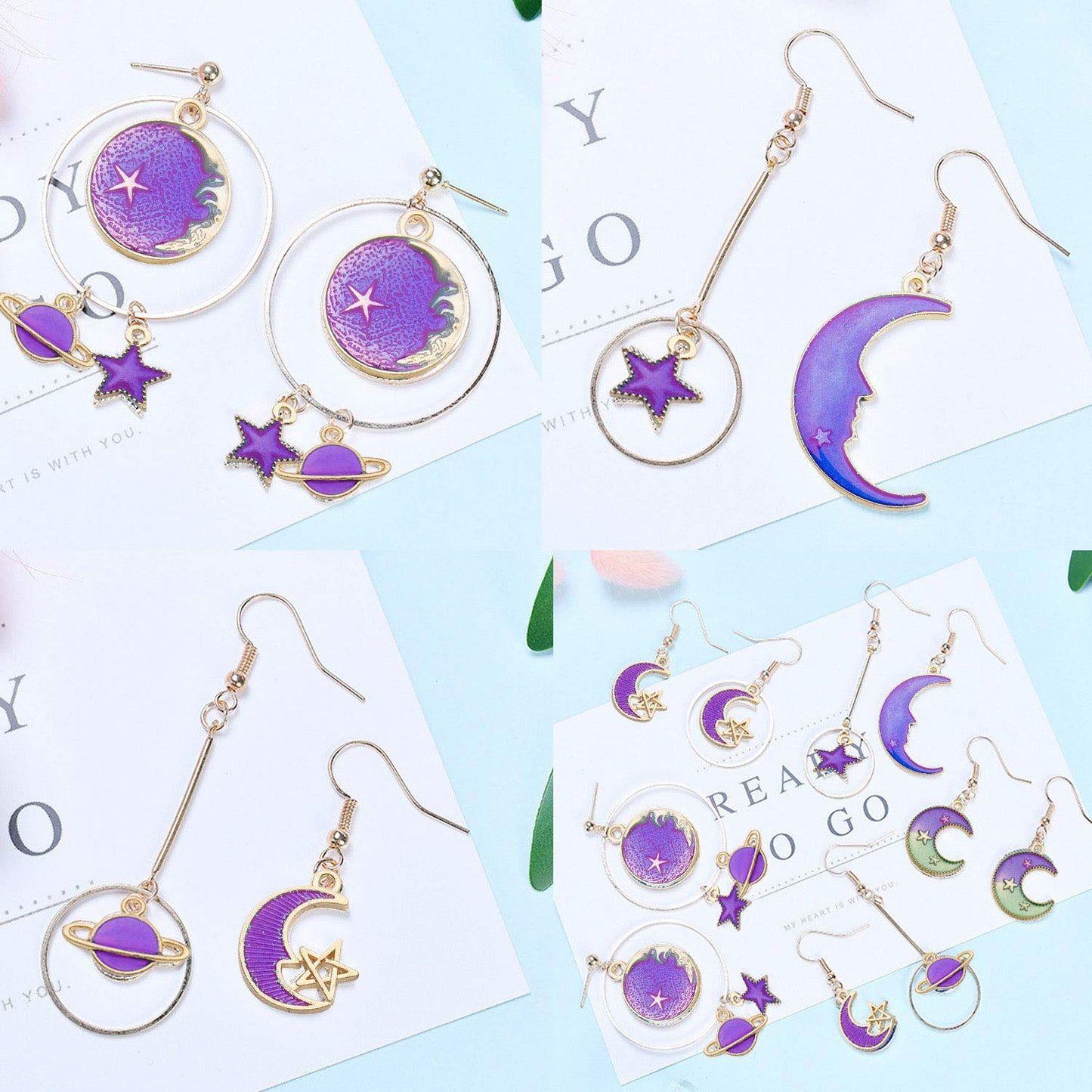24 Pcs Assorted Gold Plated Enamel Cat Moon Star Celestial Charm Pendant DIY for Earrings Necklace Bracelet Jewelry Making and Crafting (M582-Purple)