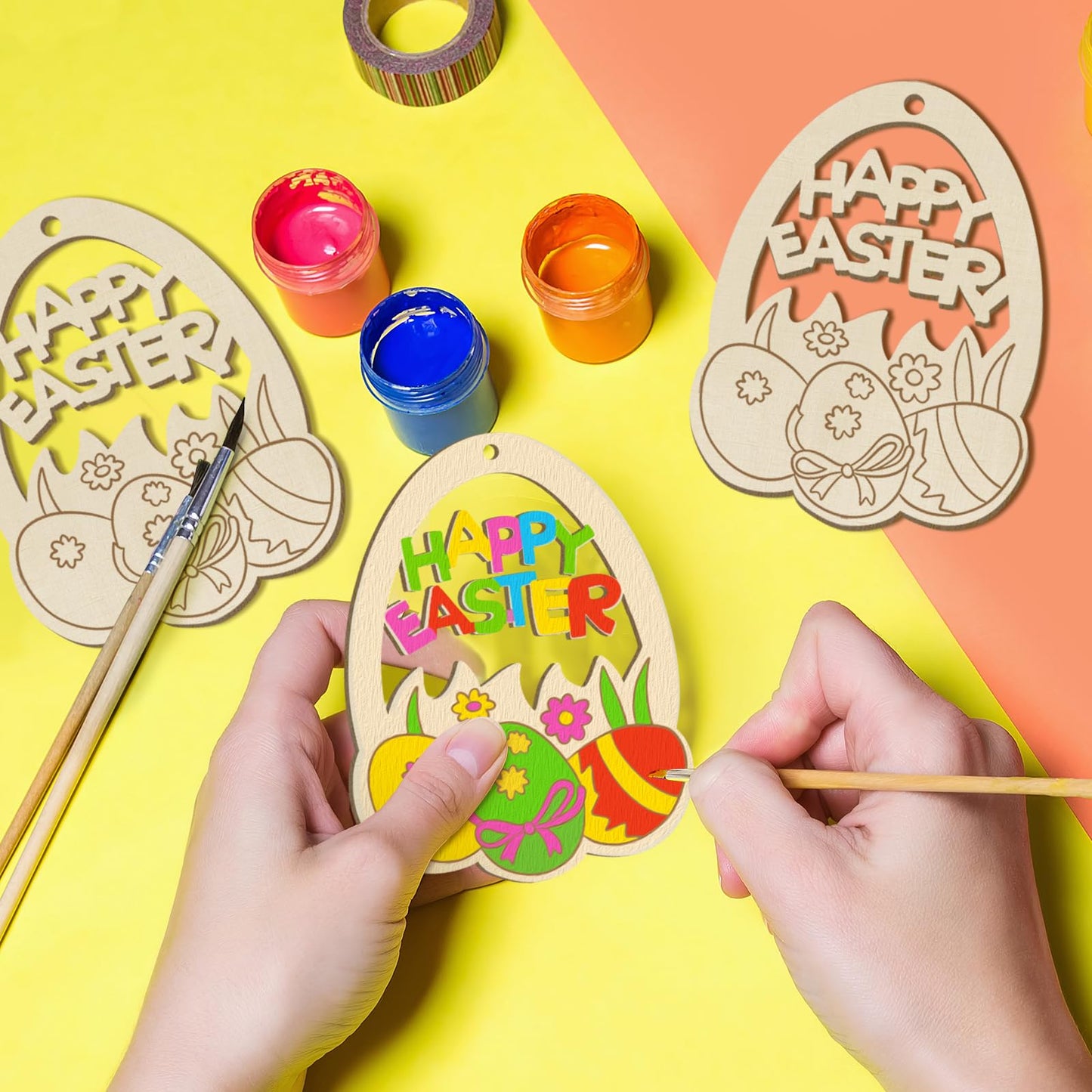 Wooden Easter Ornaments to Paint Spring Decoration Happy Easter Cutouts Unfinished 24PCS 3.5 inches, DIY Blank Unfinished Christmas Tree Wood Discs Ornament for Home Crafts Hanging