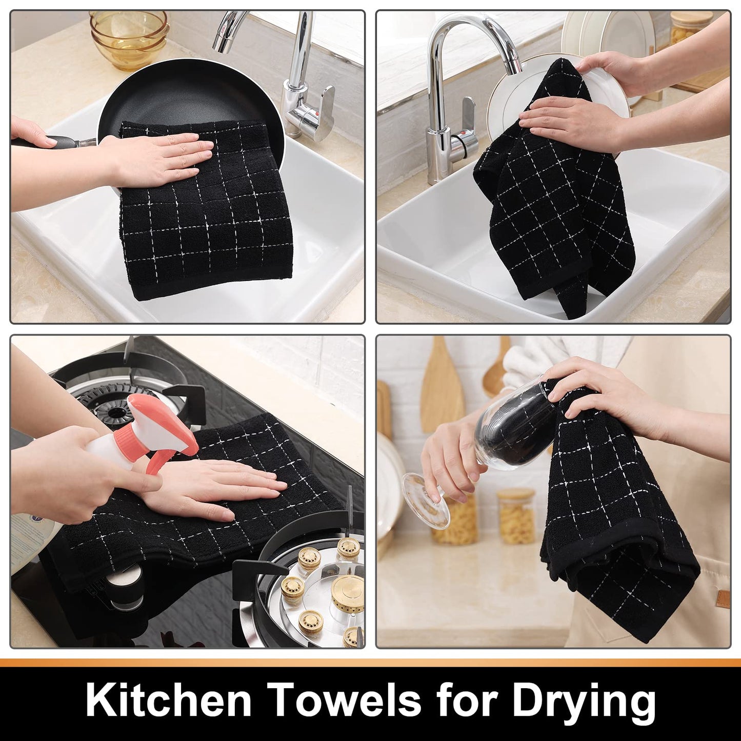 100% Cotton Terry Cloth Kitchen Towels, Super Soft and Absorbent Dish Towels for Drying, Checkered Designed Hand Towels for Kitchen, 16 x 26 Inches, 4 Pack, Black