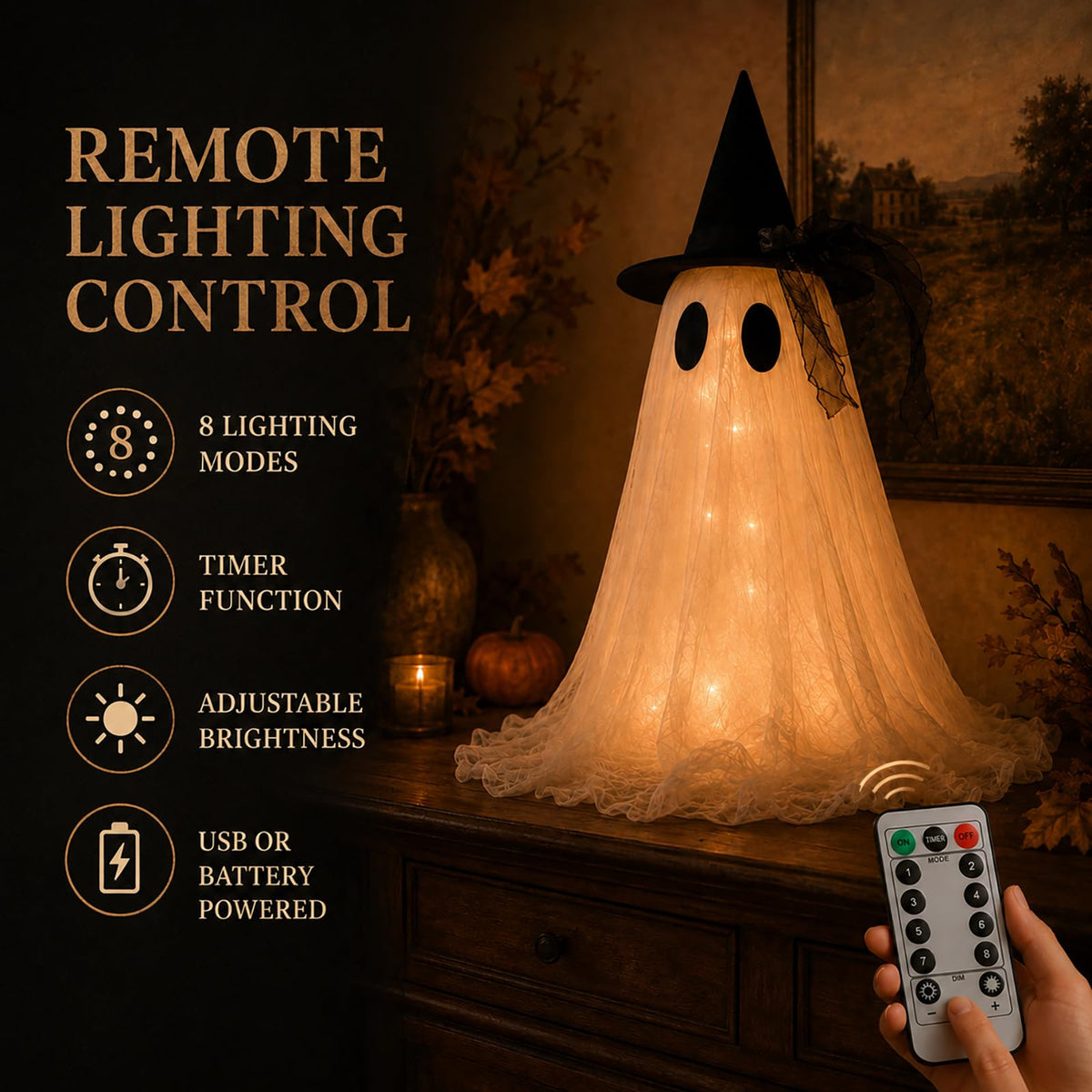2-Pack Halloween Ghost Decor Set, USB Powered w/Remote Lights