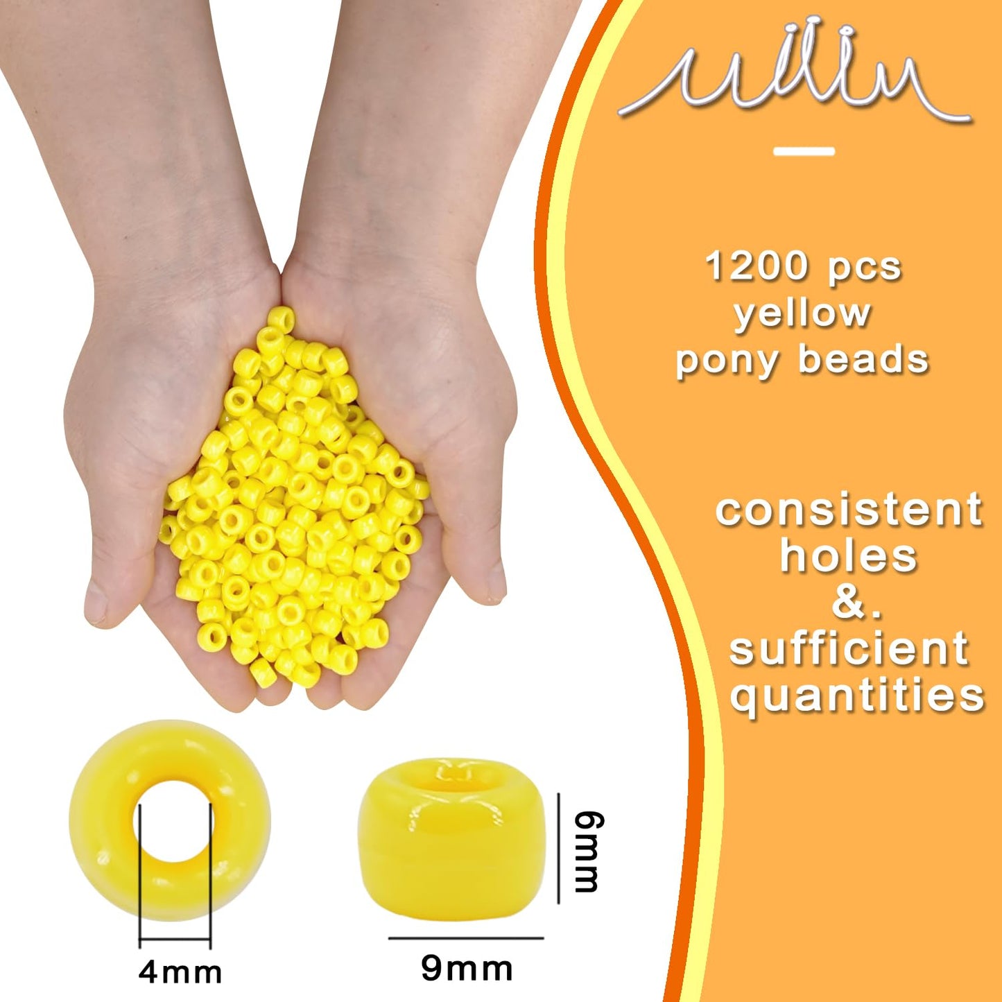 MIIIM 1200PCS 6x9mm Yellow Pony Beads Bulk, Kandi Beads for Bracelets Making Kit, Hair Braids Crafts for Jewelry Making (Bright Yellow)
