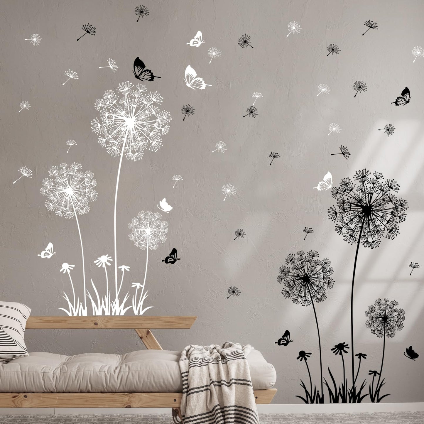 Supzone Dandelion Wall Stickers Flower Wall Decals Butterflies Flying Wall Decors Art Stickers for Bedroom Living Room Sofa Backdrop TV Wall Decor (White Black)