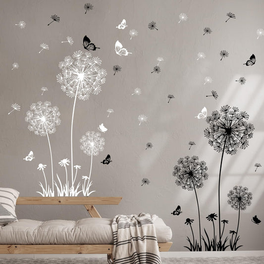 Supzone Dandelion Wall Stickers Flower Wall Decals Butterflies Flying Wall Decors Art Stickers for Bedroom Living Room Sofa Backdrop TV Wall Decor (White Black)