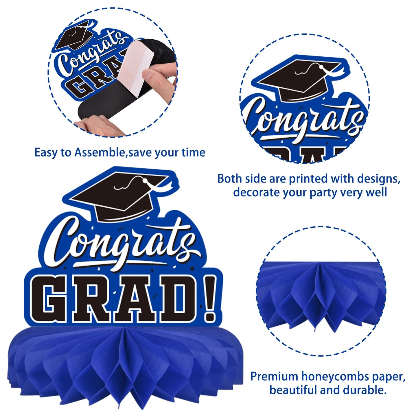 9PCS Graduation Party Decorations Class of 2026 Congrats Grad Table Centerpiece Congratulate Graduation Honeycomb Table Toppers for Graduation Party Supplies(Blue,Black）