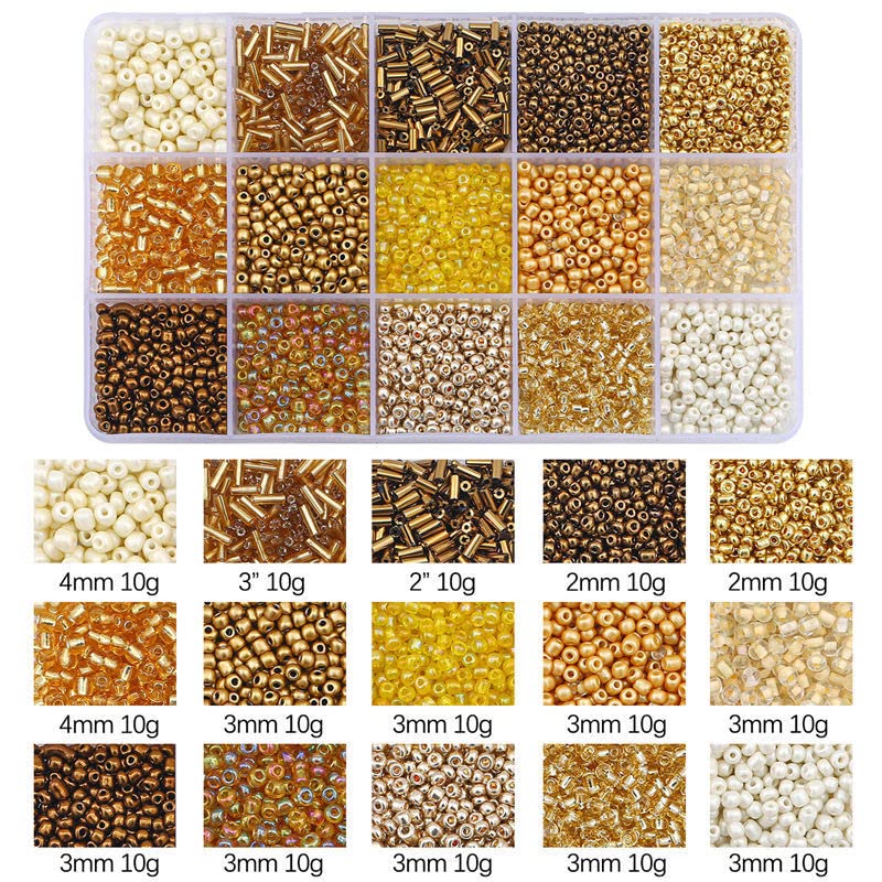 Mix 15 Color Glass Seed Tube Beads Glass Bugle Beads Loose Kit for Jewelry Making DIY Craft Beading (Mix 15 Color, Gold)